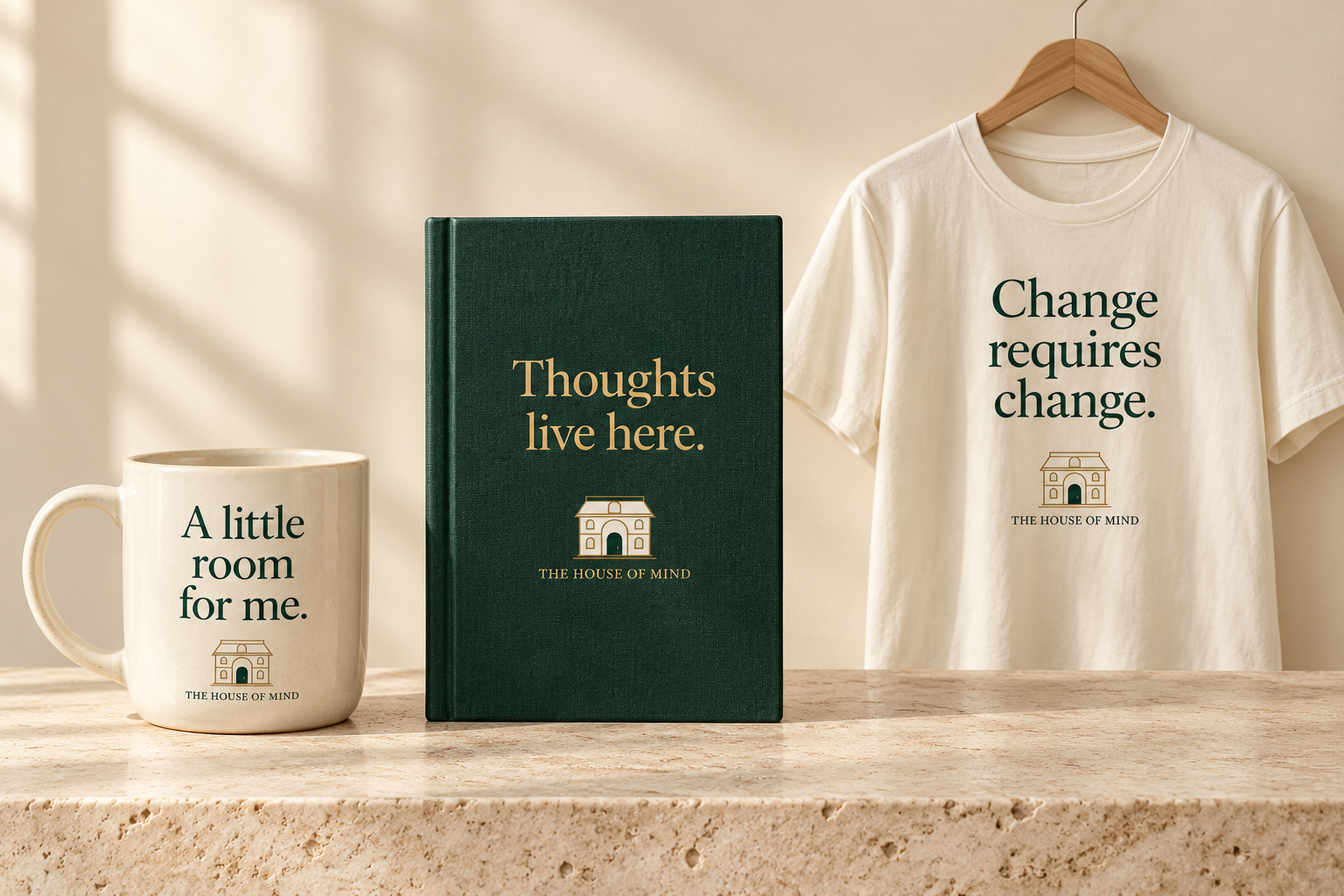 Design concepts for a cream House of Mind mug reading A little room for me, a green journal reading Thoughts live here, and an ivory T-shirt reading Change requires change
